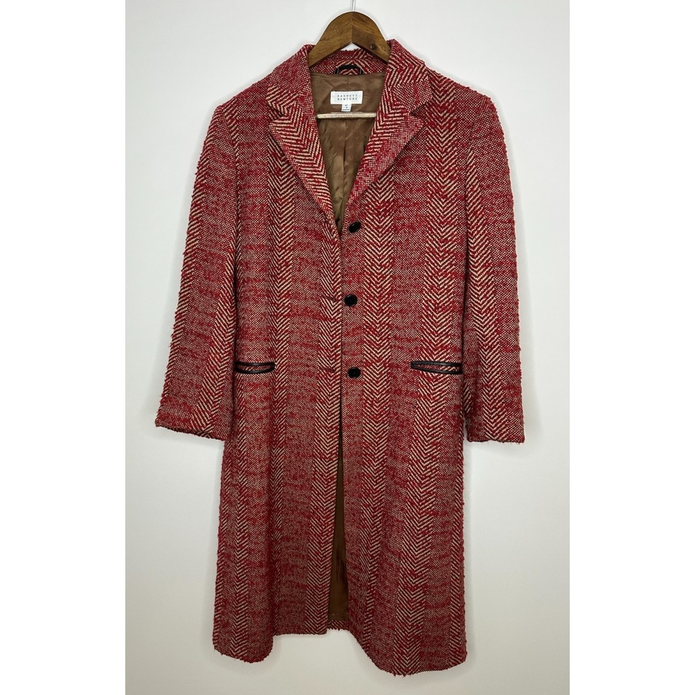 Barneys New York Herringbone Wool Tweed Overcoat Red Tan Italy Size 8 Long Coat - Picture 2 of 16